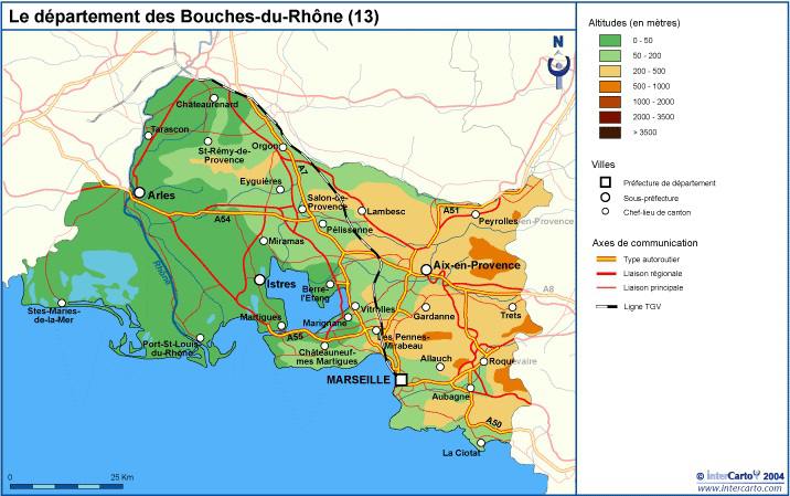 Carte des Bouches du Rhône Communes Détaillée relief routes