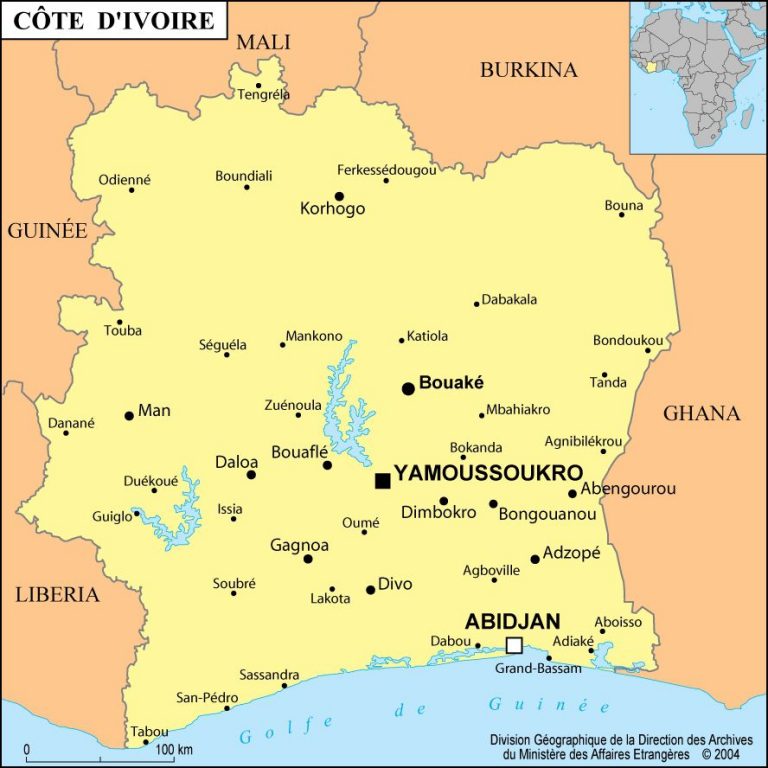 Carte de la Côte d'Ivoire  Routière, Administrative, Villes