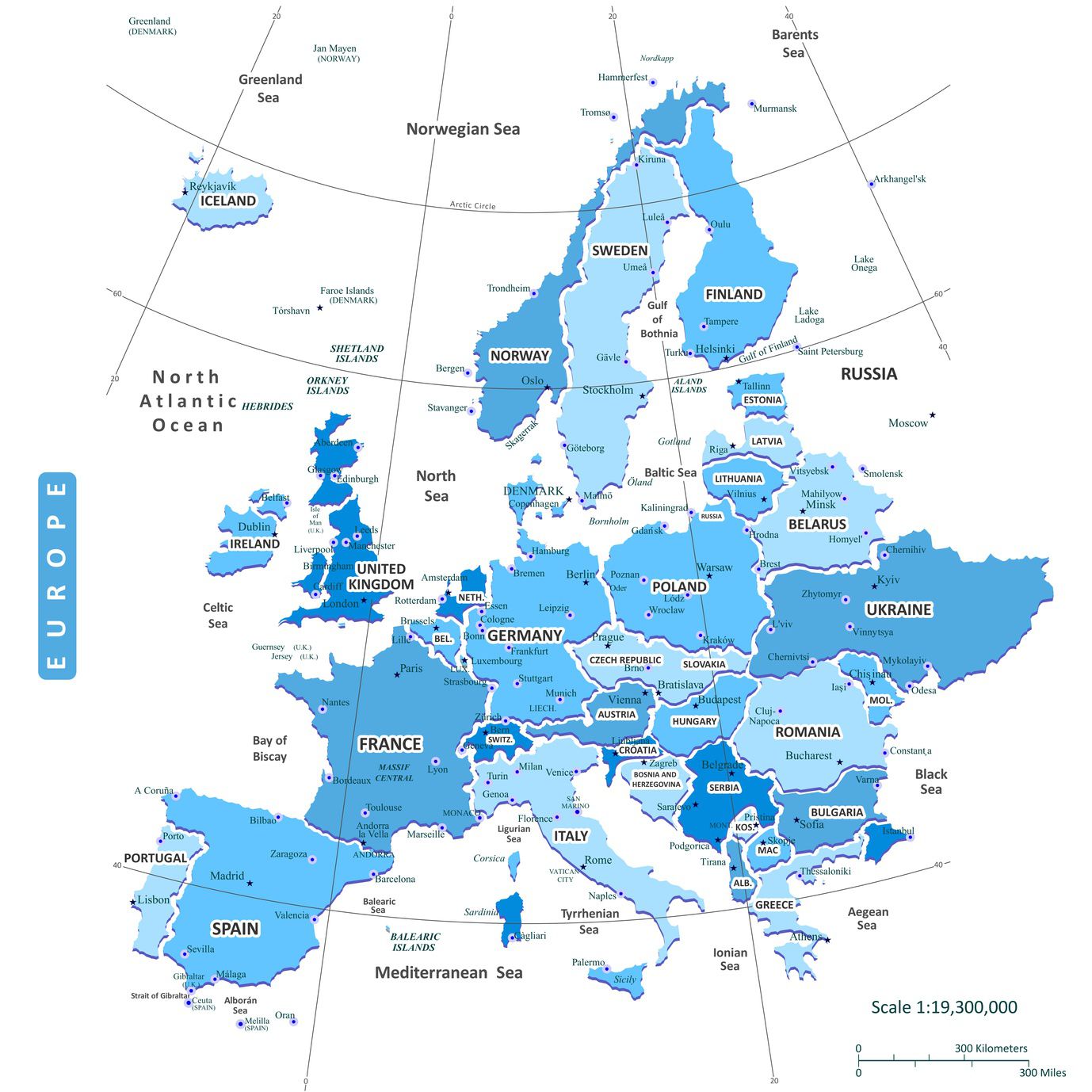 Carte de l'Europe - Cartes reliefs, villes, pays, euro, UE, vierge