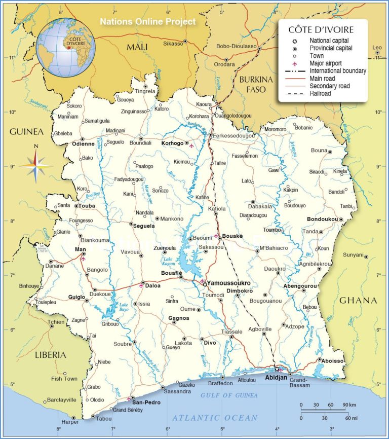 Carte de la Côte d'Ivoire Routière, Administrative, Villes