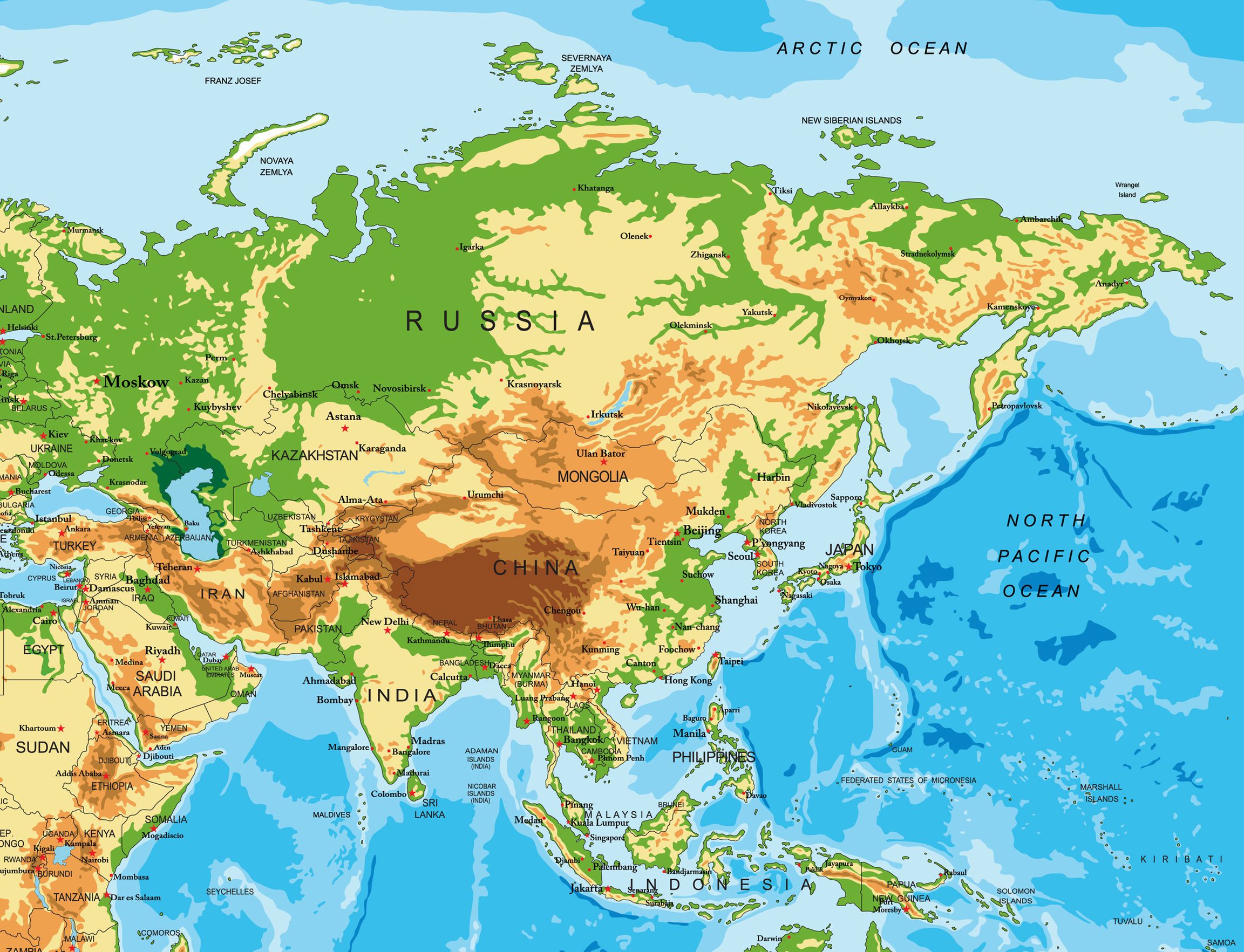 carte physique asie Carte de l'Asie   Différentes cartes à thèmes sur l'Asie, pays 