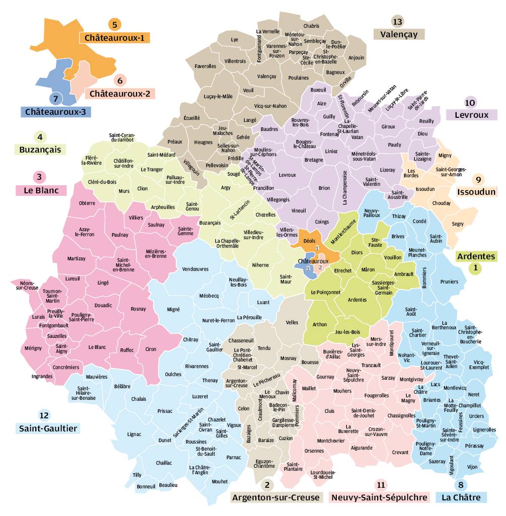 Carte de l'Indre - Indre carte du département 36 - villes, sites ...