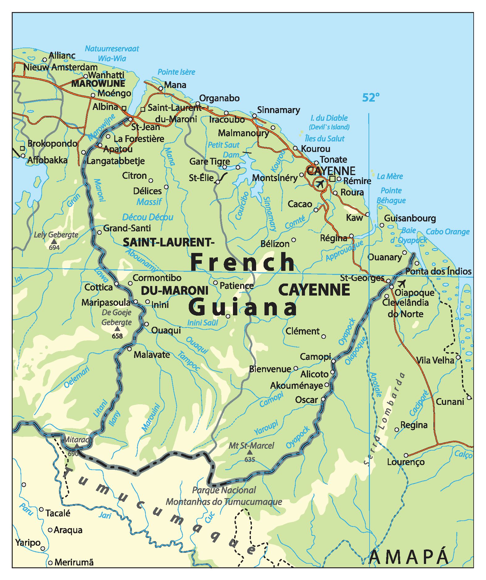 Carte de la Guyane - Guyane cartes des villes, relief, politique